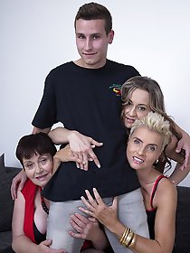 Three horny housewives share one lucky dude